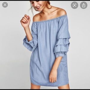 Denim off the shoulder ruffle sleeve dress